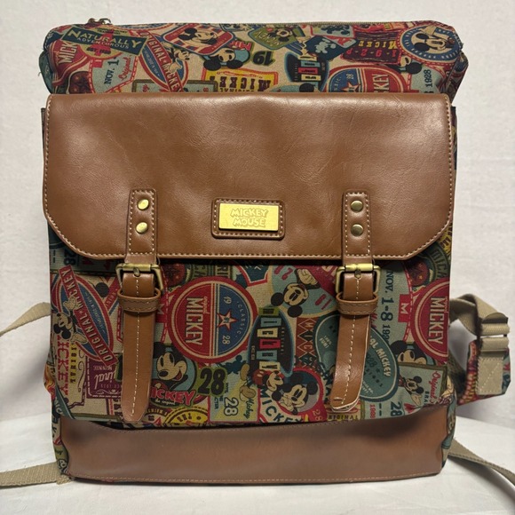 Disney Handbags - Disney Mickey Mouse Vintage Collage Backpack Brown Leather Accents